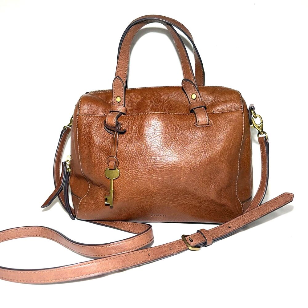 Fossil Rachel Satchel ZB7256 Brown Leather Crossbody Top Handle Bag Key Charm